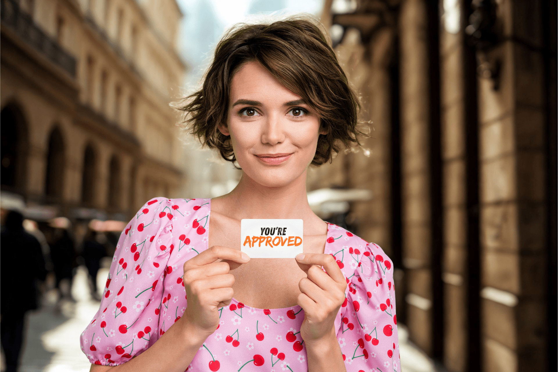 You're Approved - Girl Holding Card in Cherry Shirt for MC Aesthetics Financing